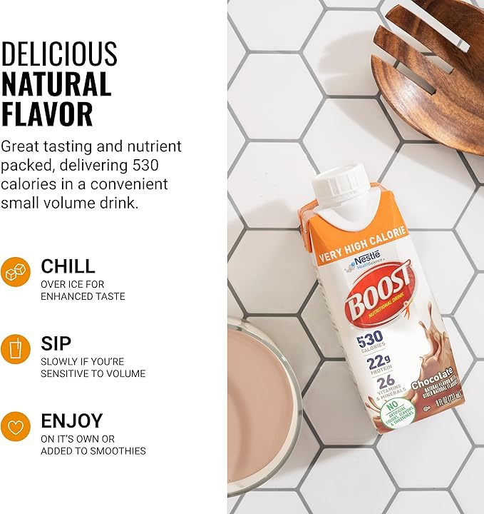 BOOST Very High Calorie Nutritional Drink – Helps Weight Gain &amp Maintenance -530 Calories -26 Vitamins &amp Minerals - 22 g Protein - Variety Pack - Vanilla Chocolate &amp Strawberry - 8 fl oz