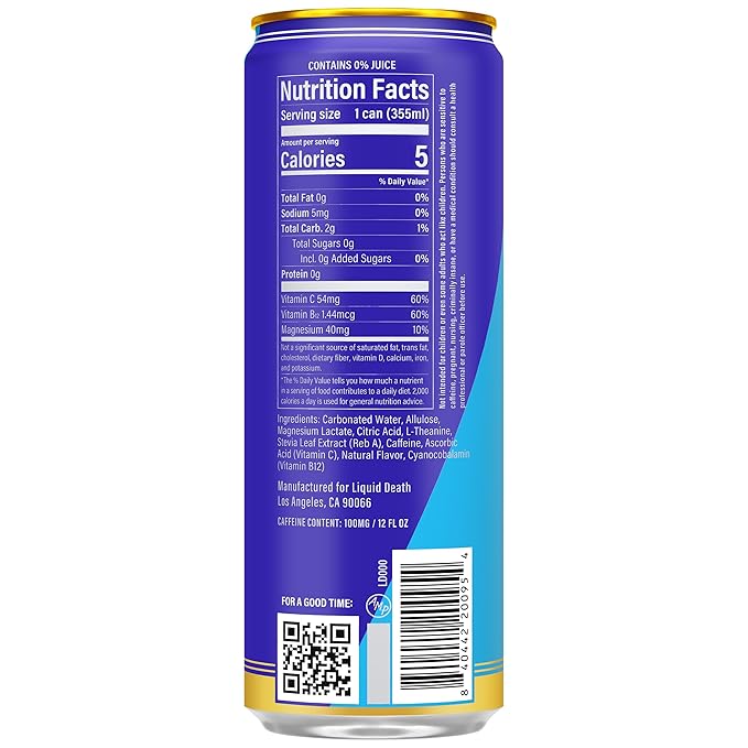 Liquid Death Sparkling Energy - Tropical Terror (Classic Piña Colada) Zero Sugar Energy Drink Unextreme Caffeine 100mg Essential Vitamins 12 Fl Oz (Pack of 12)