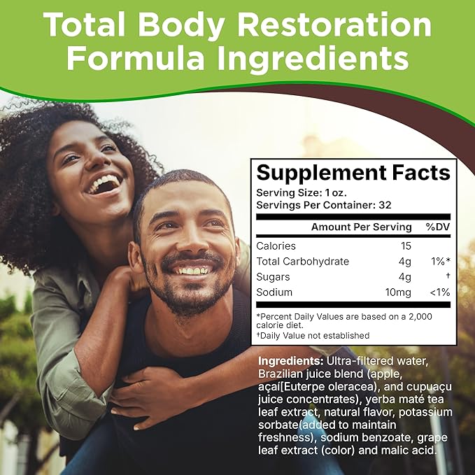 Nzuri Vida All-Natural Energy &amp Stress Support Tonic – 10-in-1 Total Body Restoration Drink with Acai Berry Cupuacu &amp Yerba Mate – Smooth Energy Calm Focus Detox &amp Immune Support 32 OZ