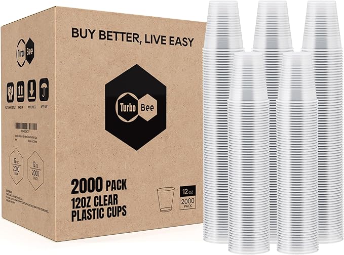 Turbo Bee 2000 Pack 12oz Plastic CupsClear Drinking CupsDisposable Party Cups BulkHot and Cold Drink Container for Water Juice SodaCoffee