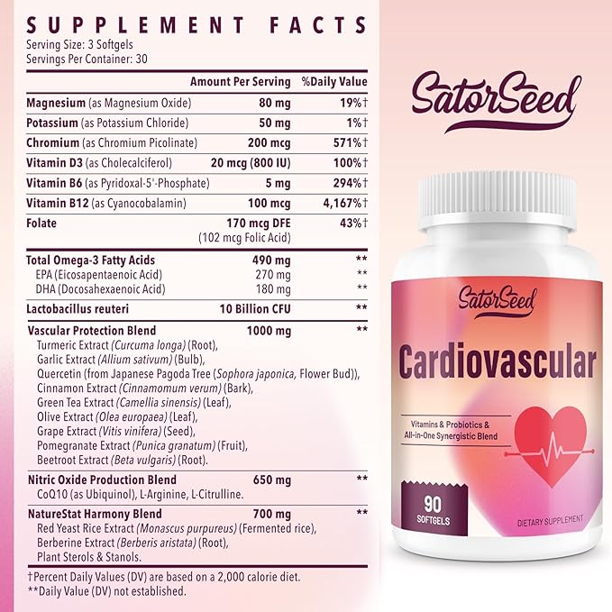 Cardiovascular Supplement 3000mg – Vitamins Probiotics Omega-3 and CoQ10 All-in-One Synergistic Blend for Adults – 90 Softgels