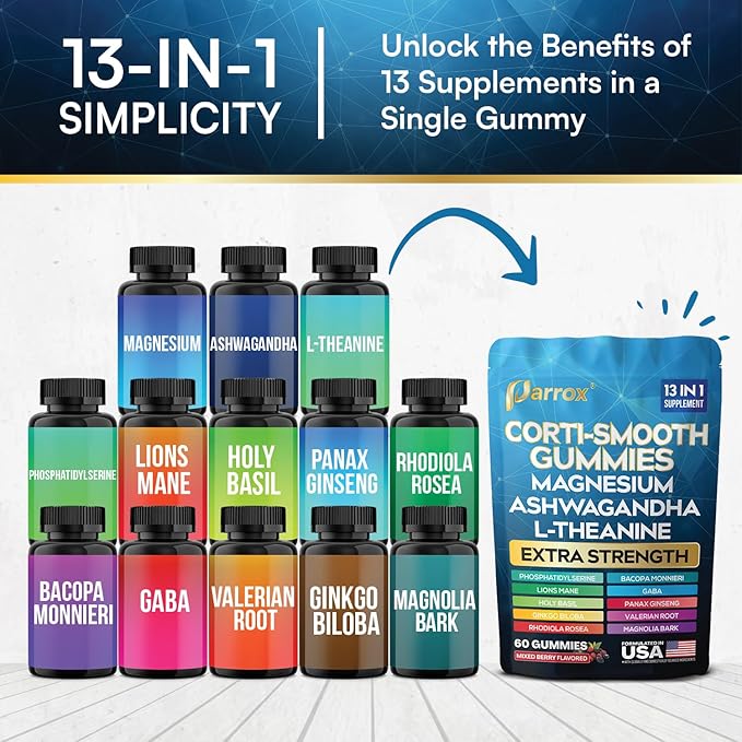 Corti-Smooth Cortisol Support Gummies with Magnesium L-Theanine Ashwagandha Phosphatidylserine Bacopa Monnieri Lions Mane Ginkgo Biloba Valerian Root (60 Gummies - Mixed Berry Flavor)