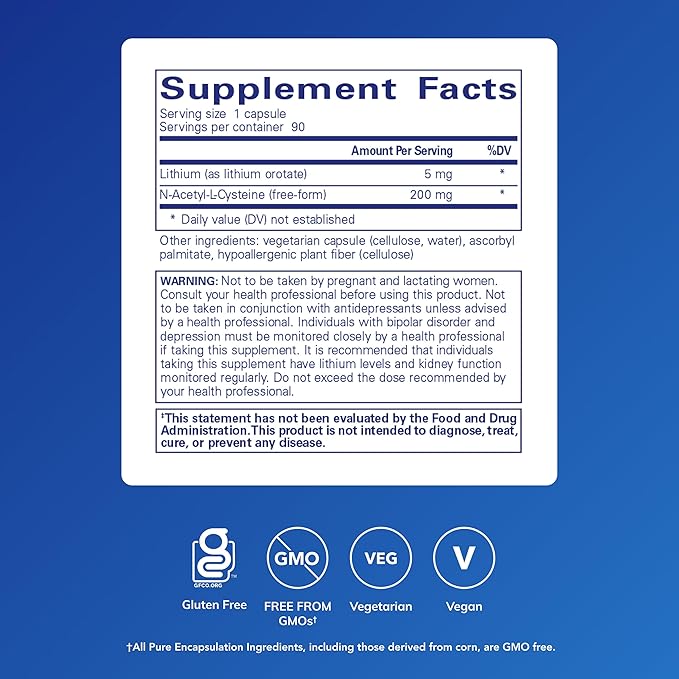 Pure Encapsulations Lithium Orotate 5 mg - Brain Support Supplement - with N-Acetyl-L-Cysteine (NAC) for Memory &amp Brain Behavior* - Gluten Free &amp Non-GMO - 90 Capsules