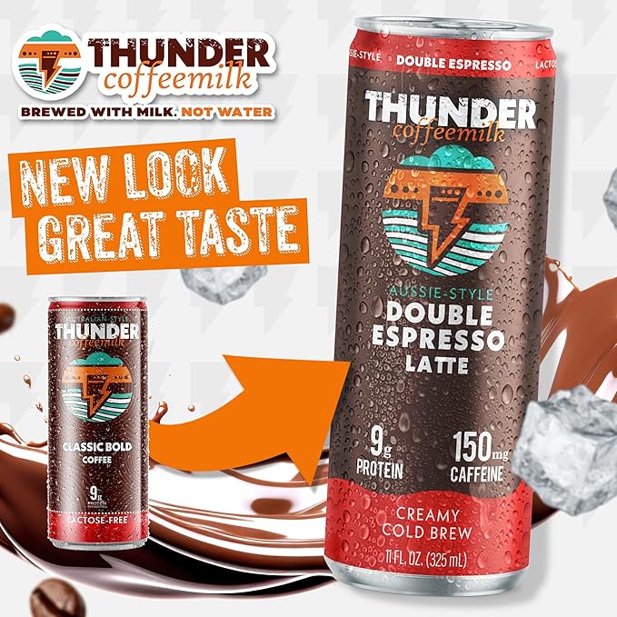Thunder CoffeeMilk - 11 oz Aussie Style Cold-Brewed Latte Canned Coffee Iced Coffee Cans for Grab &amp Go Natural Protein-Rich 150mg Caffeine Energy Drink in Handy Cold Brew Cans Doubleshot Espres