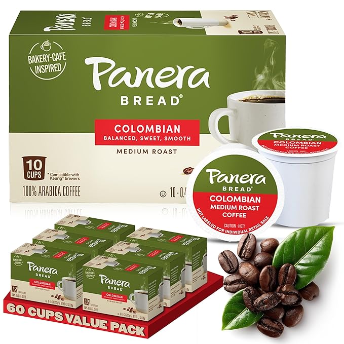 Panera Bread Colombian Coffee Cups 100% Arabica Medium Roast Smooth &amp Balanced with Brown Sugar Notes No Artificial Ingredients 60 Single Serve Pods (6 Packs of 10)