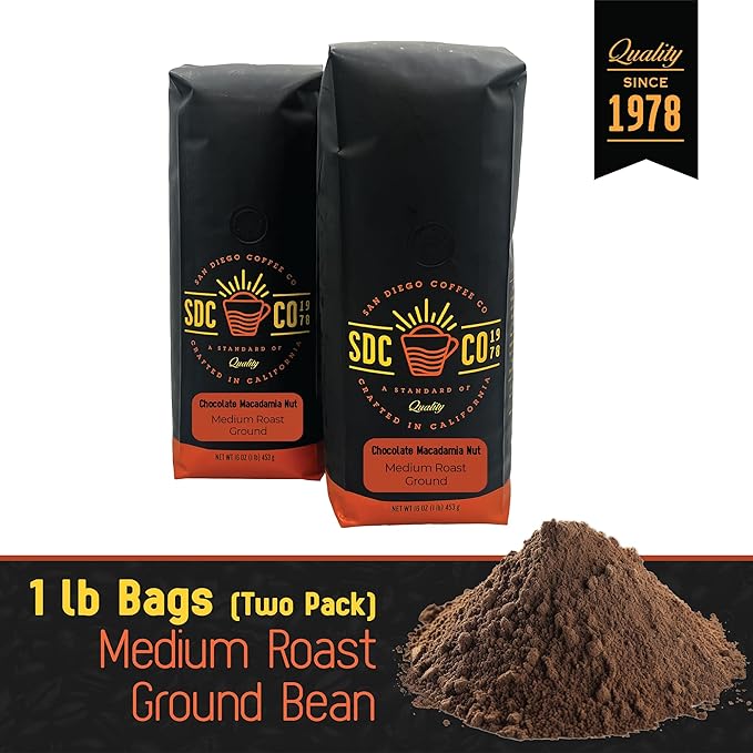 San Diego Coffee Chocolate Macadamia Nut Medium Roast Ground Coffee 16-Ounce Bags (Pack of 2) Café molido tostado