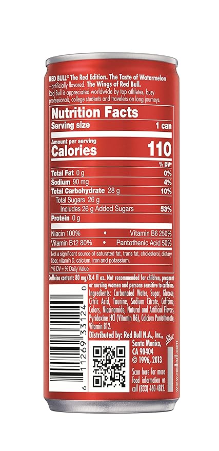 Red Bull Red Edition Energy Drink Watermelon with 80mg Caffeine plus Taurine &amp B Vitamins 8.4 Fl Oz Pack of 12 Cans