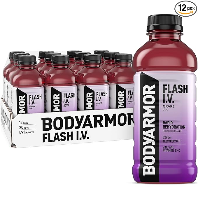 BODYARMOR Flash I.V. Electrolyte Beverage Grape Hydration Drink with Coconut Water For Rapid Rehydration Post Workout Recovery 20 Fl Oz (Pack of 12)