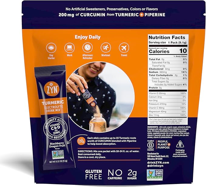 ZYN Electrolyte Drink Mix Hydration Packets BlackBerry Dragonfruit Electrolytes Powder Hydration Packets w/Turmeric Curcumin Vitamin C &amp D Zinc Hydrate &amp Recover Electrolyte Powder Pack