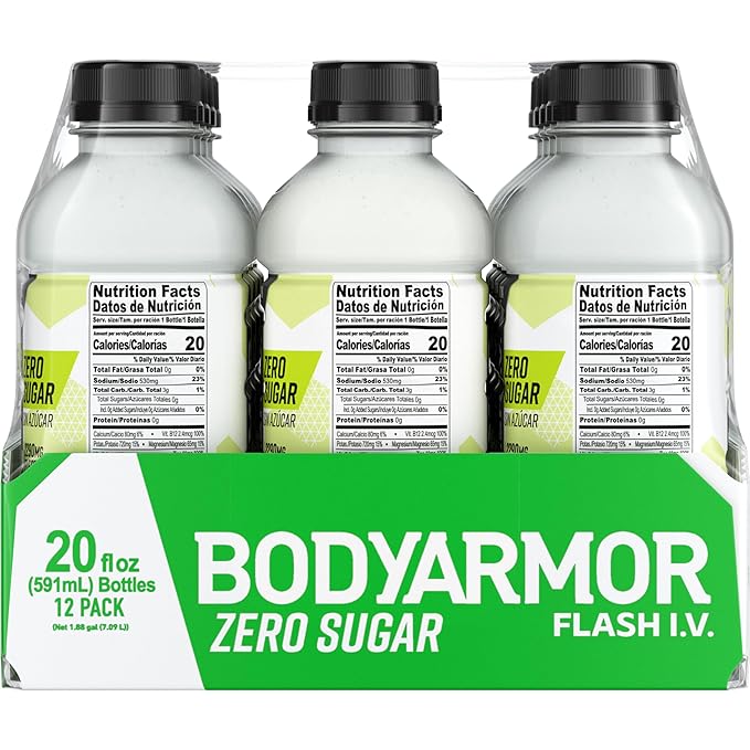 BODYARMOR Flash I.V. Zero Sugar Electrolyte Beverage Lemon Lime Hydration Drink For Rapid Rehydration Post Workout Recovery 20 Fl Oz (Pack of 12)