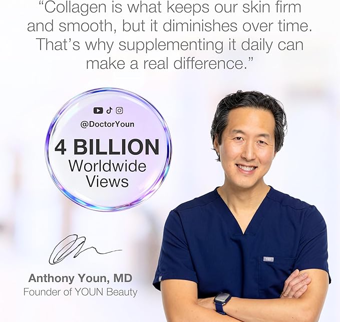 YOUN Beauty Supplemental Collagen Powder by Holistic Plastic Surgeon Dr. Anthony Youn 30 Servings (Unflavored) – Fortigel Fortibone &amp Verisol Multi-Collagen Peptides for Skin Health