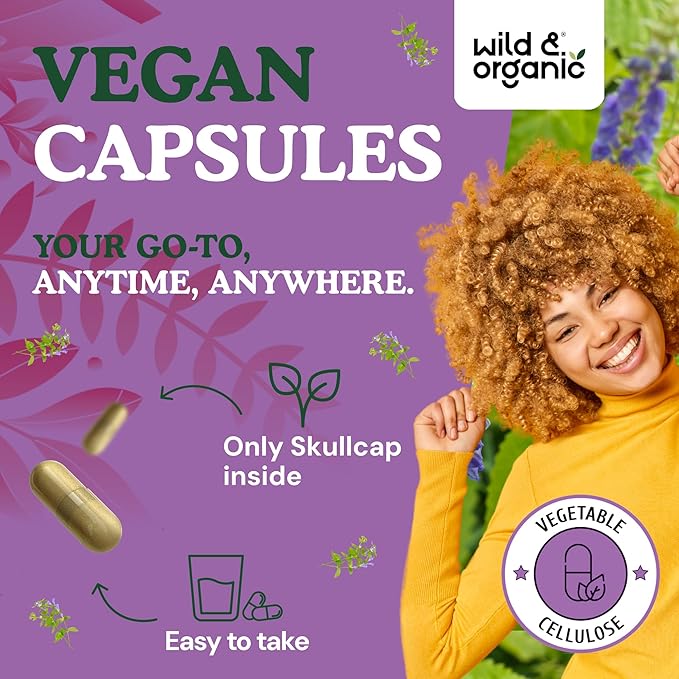 Wild &amp Organic Skullcap Capsules 1200 mg - Relaxing Skullcap Herb Supplement - 60 Capsules - Scutellaria Lateriflora Leaf Extract - 1-Month Supply - Vegan No Fillers Non-GMO