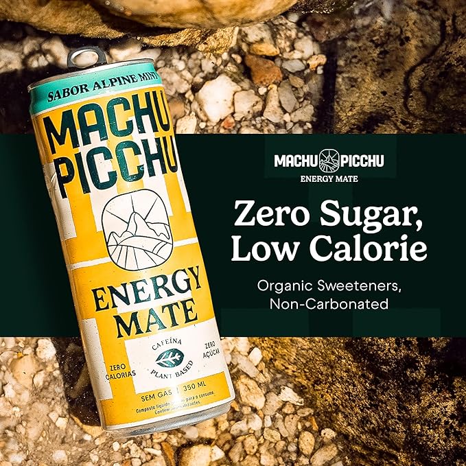 MACHU PICCHU Zero Sugar Energy Mate Drink – Non-Carbonated Yerba Mate 120mg Organic Caffeine Smooth Focus Without Jitters or Crash Low Calorie USDA Organic 12oz Cans (12-Pack-“Alpine Mint”)