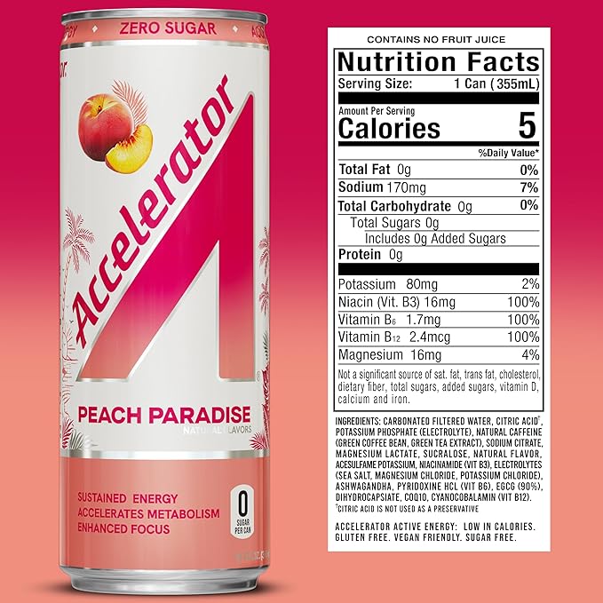 Accelerator Energy Drink Peach Paradise 12oz can (12 pack) Zero Sugar Sustained Energy from 100% Natural Caffeine (200mg from Green Coffee Bean &amp Green Tea extract)