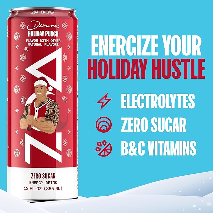ZOA Zero Sugar Energy Drinks Dwanta's Holiday Punch - Sugar Free with Electrolytes Healthy Vitamin C Amino Acids Essential B-Vitamins and Caffeine from Green Tea - 12 Fl Oz (12-Pack)