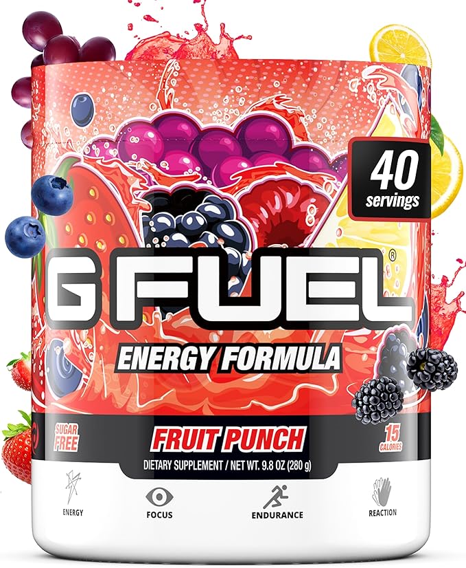 G Fuel Fruit Punch Energy Drink Powder Pre Workout Caffeine Mix for Gaming Sugar Free Focus Amino Vitamin + Antioxidants 9.9oz (Fruit Punch 40 Servings)