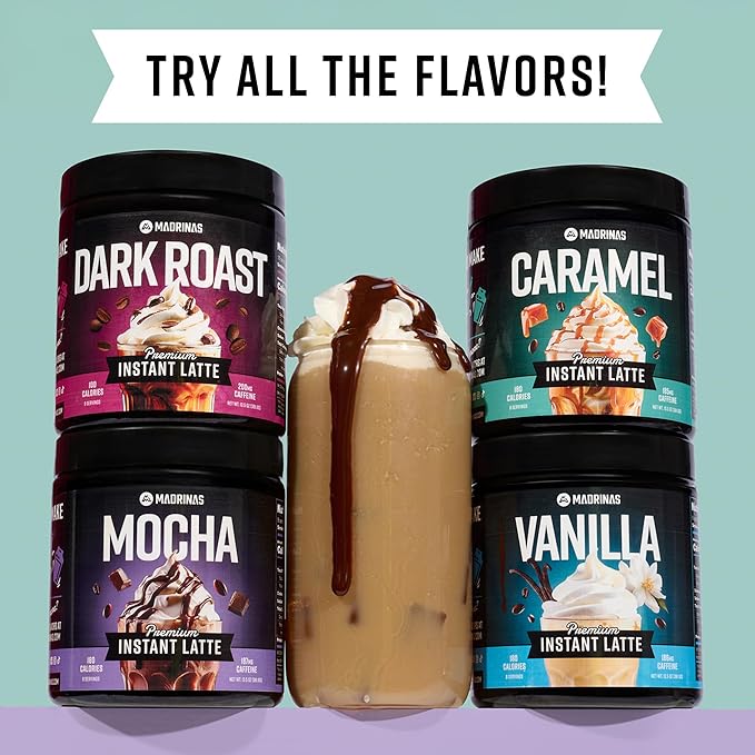 Premium All-Natural Vanilla Flavored Instant Coffee Cold Brew Latte Mix - 8 Servings - High Caffeine Rich &amp Flavorful Gluten-Free Convenient | MADRINAS