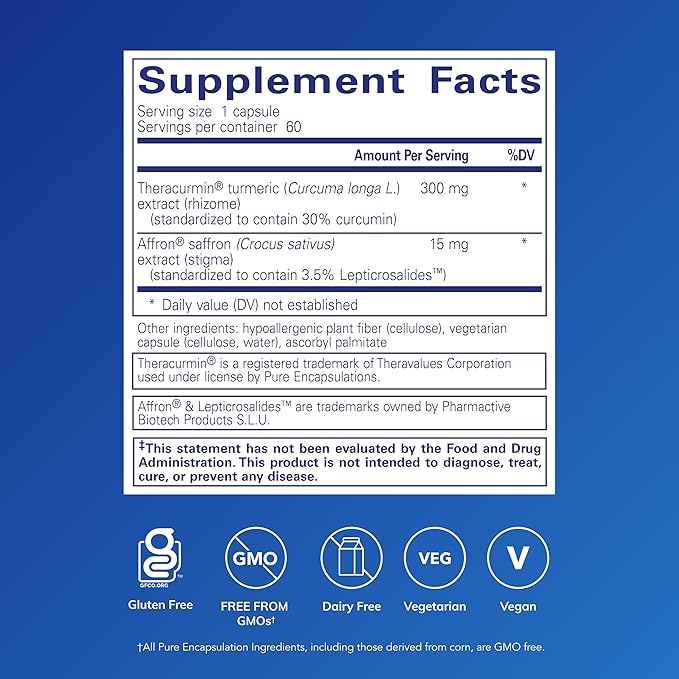 Pure Encapsulations Calm Mind - Calming Supplement - Saffron Extract &amp Theracurmin Supplement - Supports a Calm Mindset - Gluten-Free Non-GMO &amp Hypoallergenic - 60 Capsules (60 Servings)