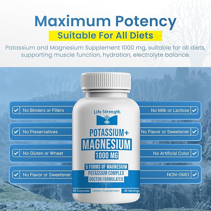 Life Strength Potassium Magnesium Supplement 1000mg (90 Caps) – Potassium Magnesium Complex with Aspartate Glycinate Oxide Gluconate &amp Citrate – Muscle Heart &amp Electrolyte Support - 45-Day