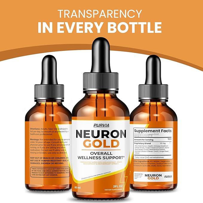 Neuron Gold Drops NeuronGold Liquid Supplement Neuropathy Nutritional Support For Health Relief Nerve Pain Vitamins Stimulator Essentials Regeneration for Memory Focus Concentration Clarity (2oz)