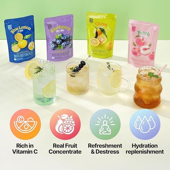 [Nokchawon] Korean Yuzu Juice Drink Pouch - Honey Citron Tea Flavored Ade for Ice Cups and Cocktails - Ready to Serve Citrus Beverage for Spring Refreshment - 10 Pack