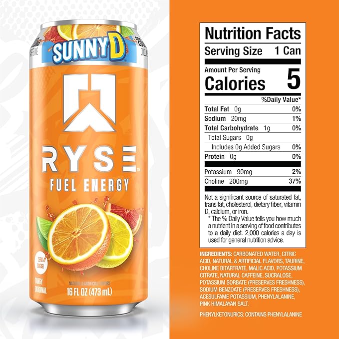 RYSE Fuel Energy Drink - SunnyD Tangy Original - Sugar Free Gluten Free &amp Vegan - 200mg Natural Caffeine Taurine &amp Choline for Focus &amp Energy - No Artificial Colors - 16 fl oz Cans (12-P