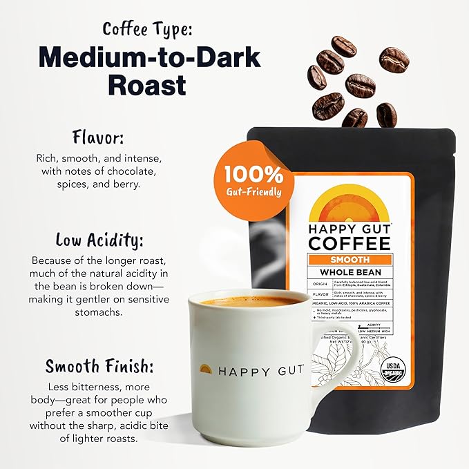 Happy Gut Coffee - Doctor-Formulated Organic Medium-to-Dark Roast Coffee - Gut-Friendly - Gentle on Stomach - Rich Flavor Gluten-Free No Bitterness - 12oz - SMOOTH - Whole Bean