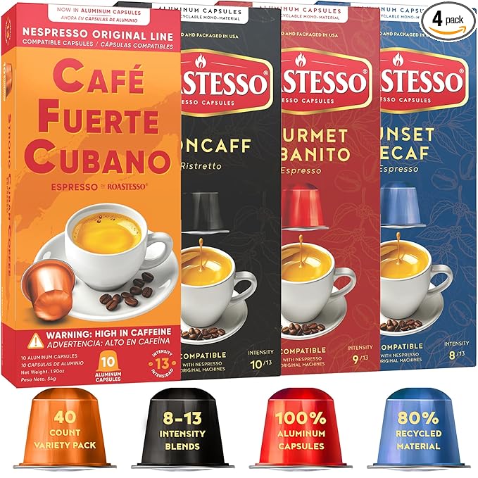 Roastesso Aluminum Espresso Capsules Variety Pack Blend Compatible with Nespresso Original Machines Medium to Dark Roast Intensity 8-13 Ristretto Recyclable Coffee Pods Packed in USA (40 Count)