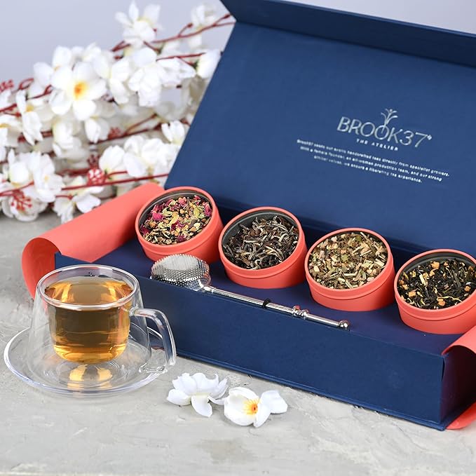 Brook37 Epicurean Tea Gift Box - 4-Pc Assorted Loose Leaf Tea Variety Pack Collection| Handcrafted Silver Plated Tea Infuser and Gift Box included | English Breakfast Phyllis Earl Grey Bengal Chai