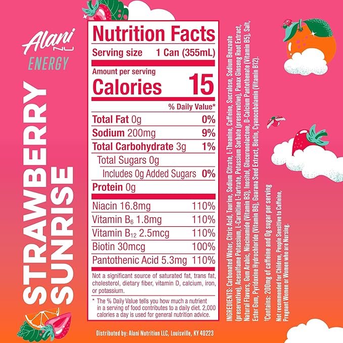 Alani Nu STRAWBERRY SUNRISE Sugar Free Low Calorie Energy Drinks 200mg Caffeine Biotin B Vitamins Zero Sugar 10 Calories 12 Fl Oz Cans 12 Pack