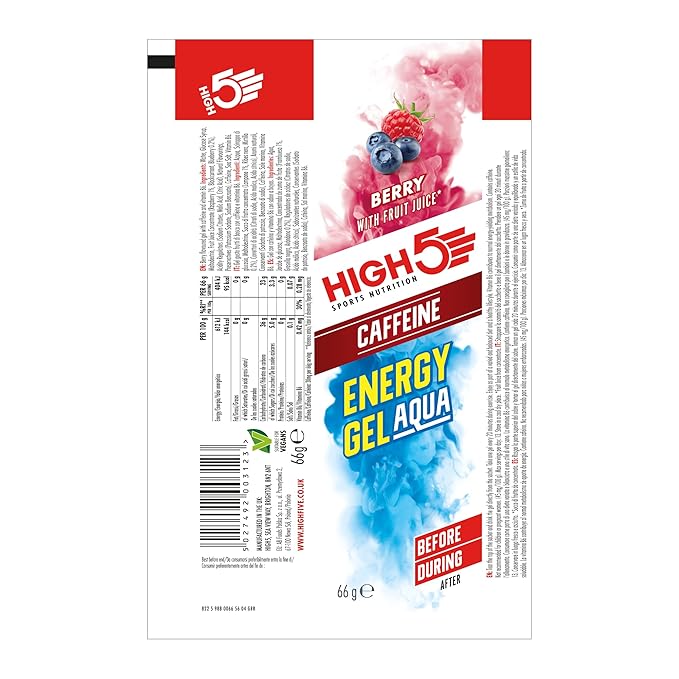HIGH5 Aqua Caffeine Carbohydrate Gels - Running Supplements for Fast Energy - Natural Fruit Juice - Muscle Gel Endurance Fuel for Cycle Nutrition &amp Energy Gels for Hiking (Berry 20 x 66g)