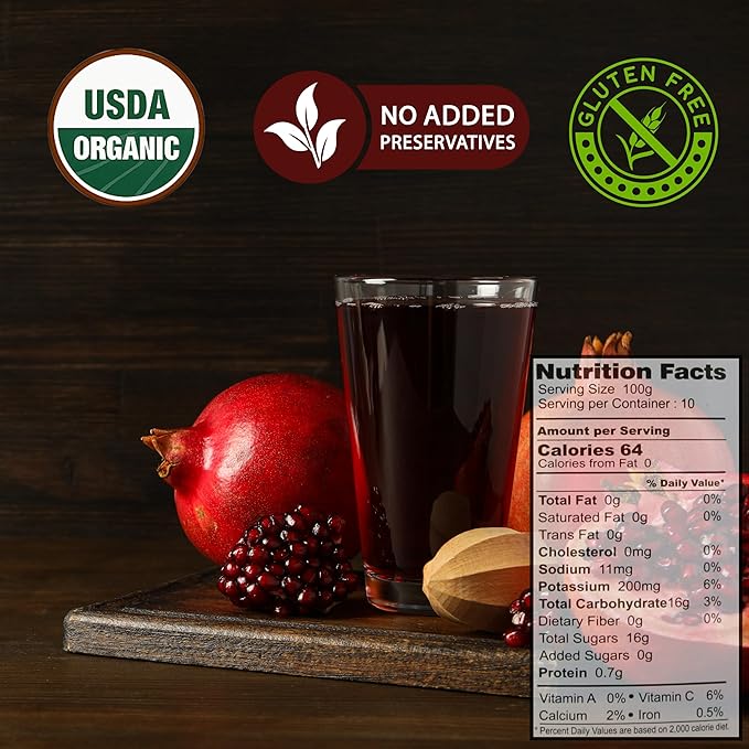 100% Organic Pomegranate Juice 6.7 Oz Glass Bottle (6 Pack) No Sugar No Artificial Colors No Preservatives No Flavors Added Gluten Free and Kosher