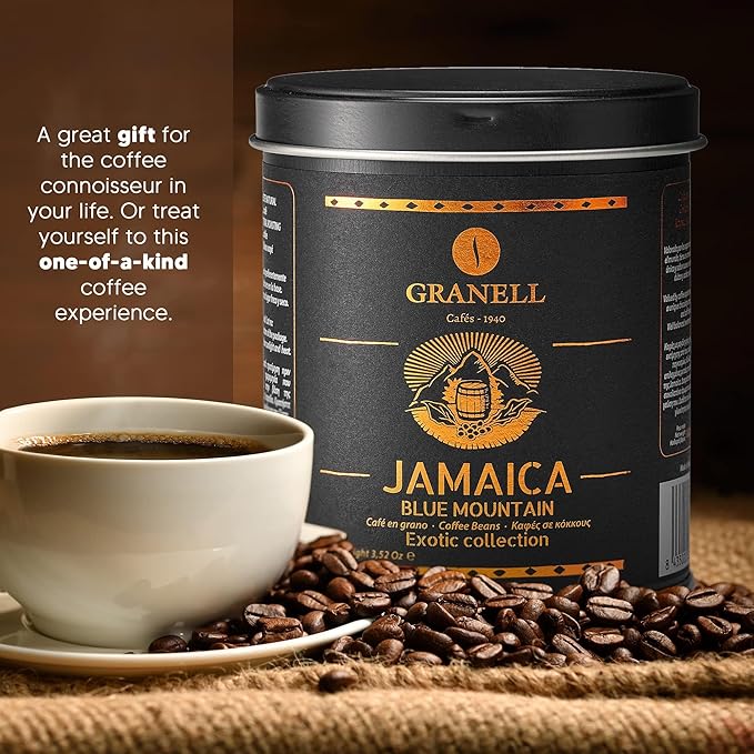 Blue Mountain Jamaican Coffee by Cafés Granell: Low Acid Whole Bean Coffee Medium Roast to Dark Roast Coffee Popular Gourmet Coffee Lover Gifts 3.5oz