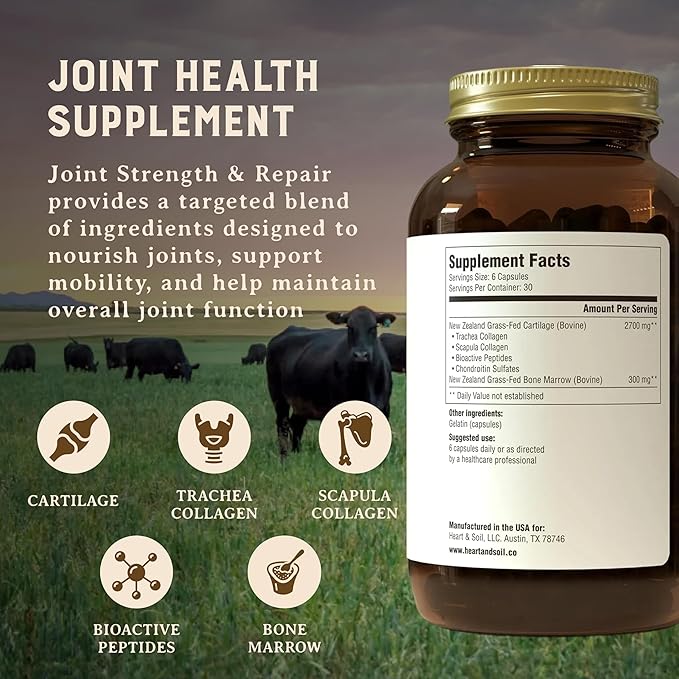 Heart &amp Soil 100% Grass Fed &amp Finished Joint Support Supplement from Regenerative Cattle with Trachea Scapula &amp Bone Marrow – Supports Joint Strength &amp Mobility – 3000mg – Glass Bottl