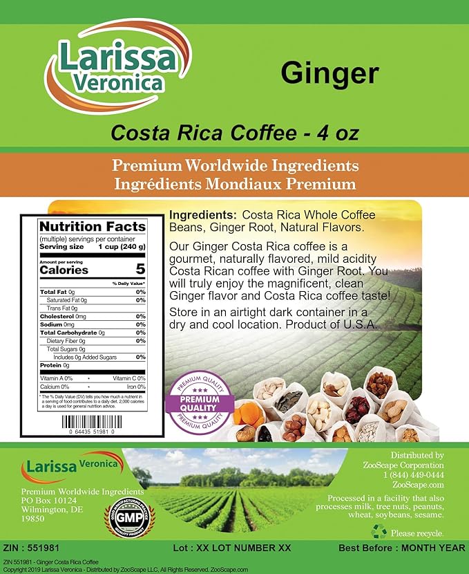Ginger Costa Rica Coffee (Gourmet Naturally Flavored Whole Coffee Beans) (4 oz ZIN: 551981) - 2 Pack
