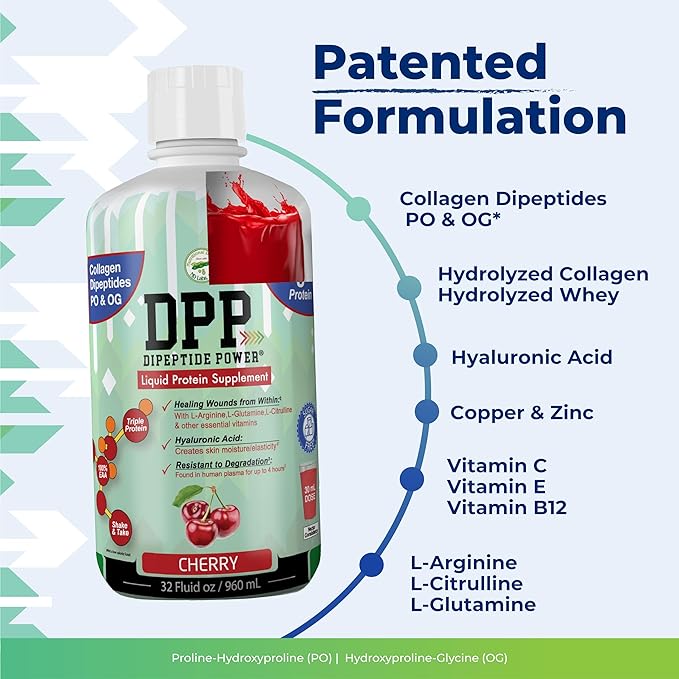 DPP Dipeptide Power Wound-Healing 30X More Collagen Dipeptides Than Powder Liquid Protein Supplement Sugar-Free Supports Healthy Tissue Repair Foot Ulcers Cosmetic Surgery (Cherry 32 Fl Oz)