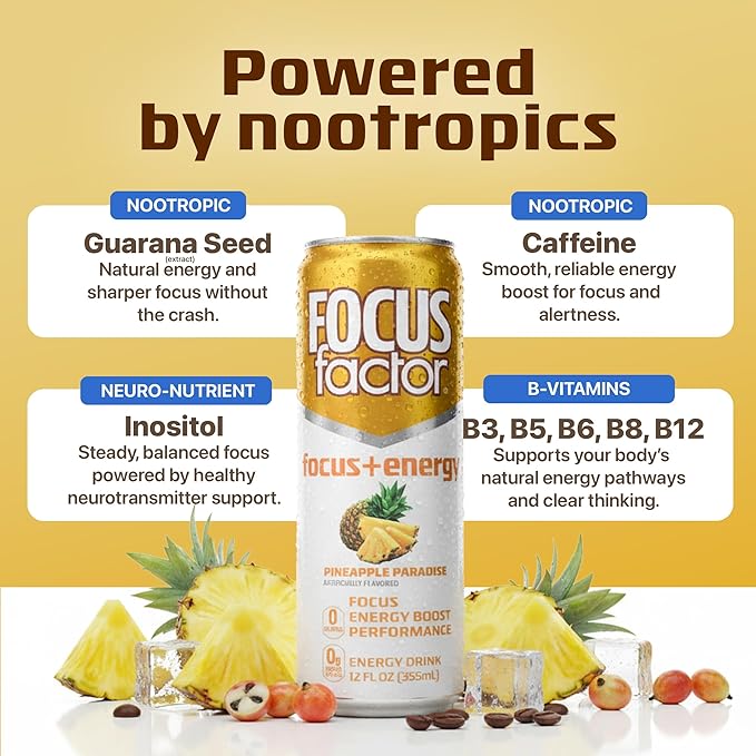 Focus Factor Energy Drink - 12 x 355ml Cans (Pineapple Paradise Flavor) - with Focus + Energy - Lightly Carbonated Sugar Free Low Calorie with Vitamin B6 &amp Vitamin B12