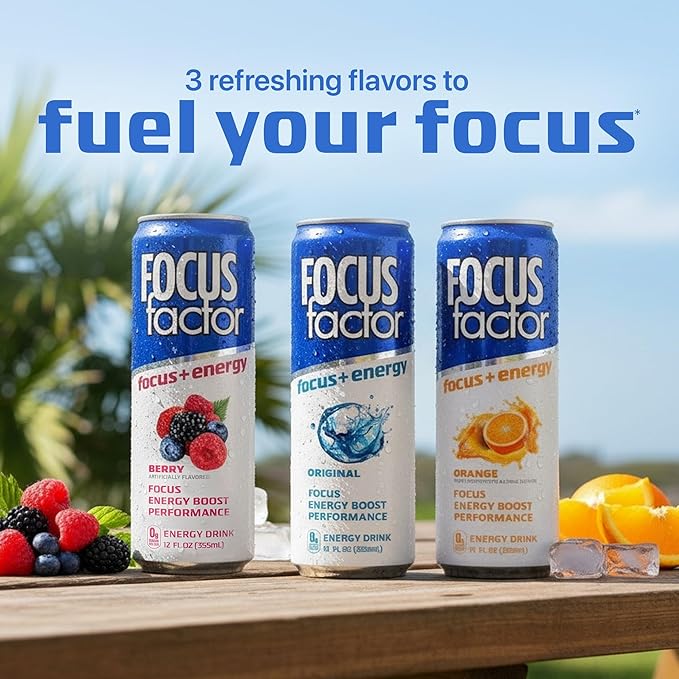 Focus Factor Energy Drink - 12 x 355ml Cans (Orange Flavour) - with Focus + Energy - Lightly Carbonated Sugar Free Low Calorie with Vitamin B6 &amp Vitamin B12