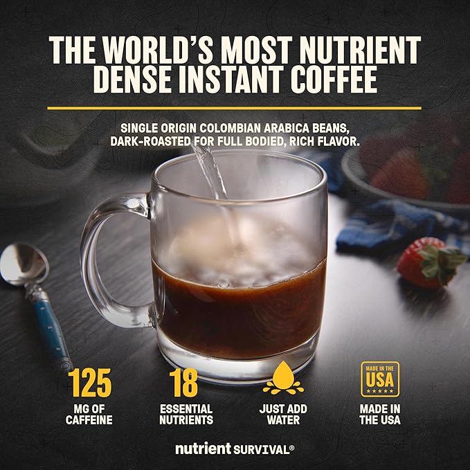 Nutrient Survival Coffee Vitamin Enriched Dark Roast Coffee 100% Colombian Arabica Prepper Supplies 13 Essential Vitamins Shelf Stable up to 18 Months 30 Single Serve Stick Packs
