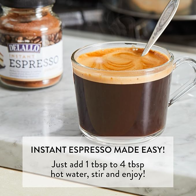 DeLallo Instant Espresso Powder For Baking and Drinks100% Dark Roast Coffee Naturally Caffeinated Kosher Vegan Non-GMO Peanut Free 1.94 oz Jar (3 Pack)