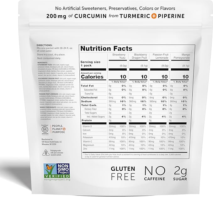 ZYN Electrolyte Drink Mix Hydration Packets Electrolytes Powder Hydration Packets w/Turmeric Curcumin Vitamin C and D Zinc Hydrate Electrolyte Powder Packets for Wellness Variety Pack of 16