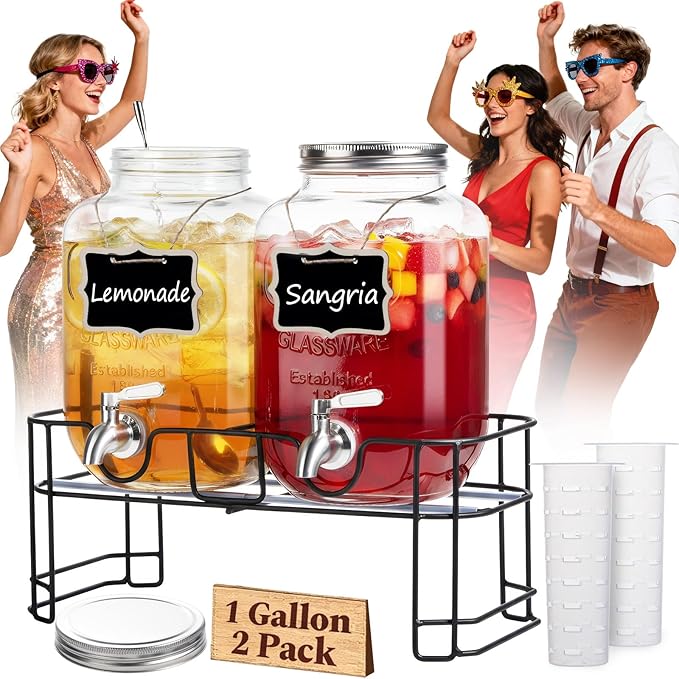 KIKCOIN 1 Gallon Glass Drink Dispensers for Parties 2 Pack Leakproof Beverage Dispenser with Stand &amp 18/10 Stainless Steel Spigot &amp Filter -for Lemonade Juice Sun Tea Punch- ALL DISHWASHER