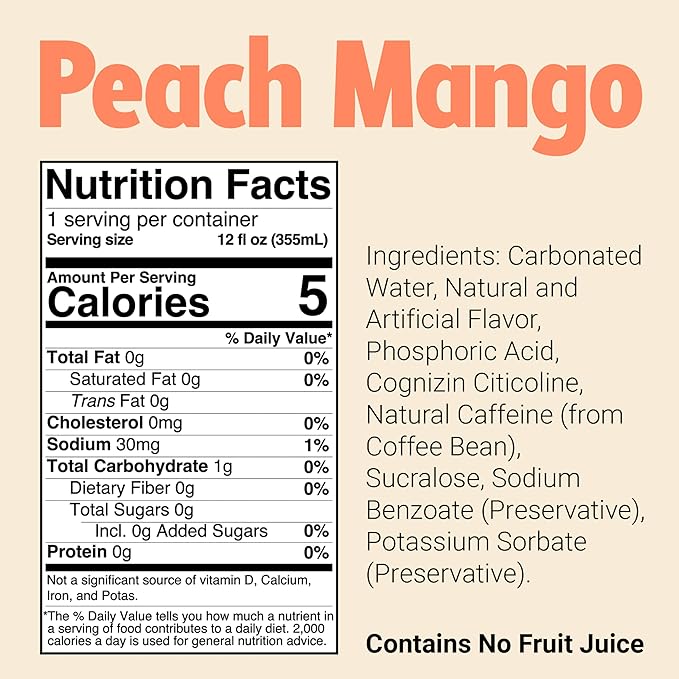 BUM Sugar-Free Energy Drink Peach Mango - Lightly Carbonated &amp No Artificial Colors Natural Caffeine &amp Citicoline for Energy &amp Focus Brain Boost &amp Workout Sports Beverage - 12 oz P