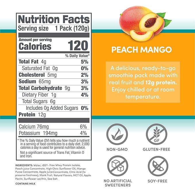 Designer Wellness Protein Smoothie Real Fruit 12g Protein Low Carb Zero Added Sugar Gluten-Free Non-GMO No Artificial Colors or Flavors Peach Mango 24 Count