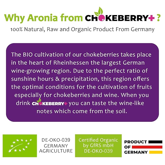 Chokeberry+ Raw Aronia Juice - Rich in Antioxidant &amp 100% Organic Berry Concentrate - Vegan Gluten-Free No Sugar Added - First-Press Mother Juice - 1 x 500ml (16.9oz)