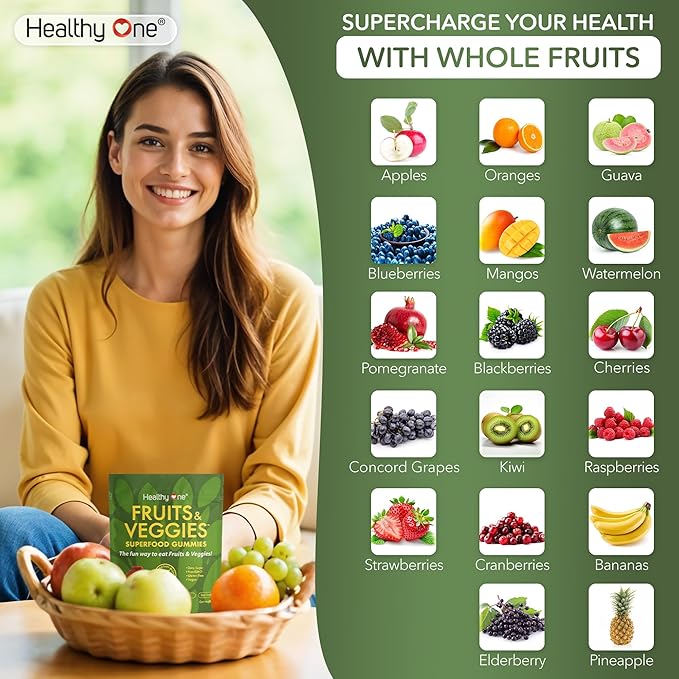 Fruits &amp Veggies Sugar-Free Gummies - 27 Whole Foods - Equals 3 Servings of Fruits &amp Vegetables - Improve Energy Focus &amp Immune Function - Fiber - Antioxidants - Organic Ingredients - 14