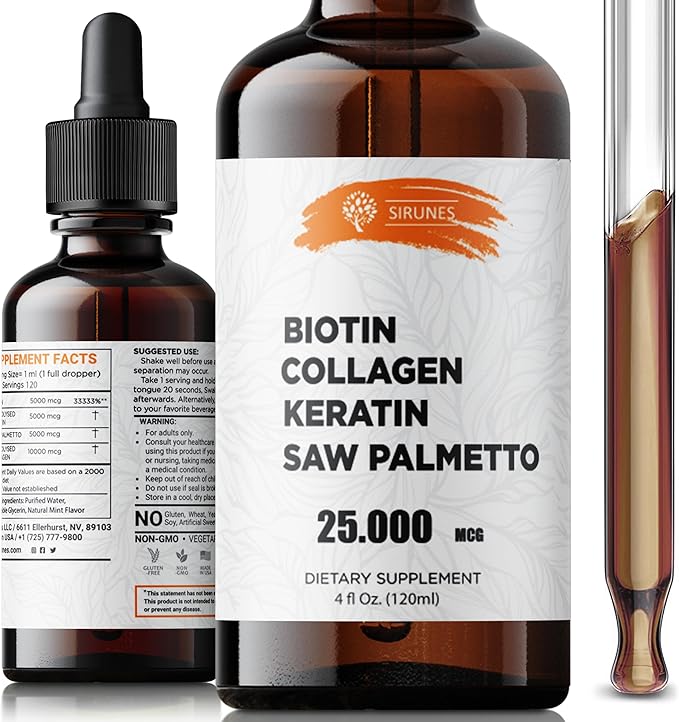 SIRUNES Liquid Biotin and Collagen Hair Skin Nails Supplement with 10000mcg Collagen 5000mcg Biotin Keratin Saw Palmetto 4 fl oz Made in USA
