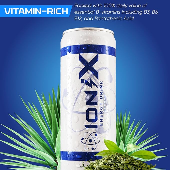 Zero Sugar Energy Drink - ionix Nootropic Drink to Boost Focus and Mood with L-Theanine Natural Green Tea Caffeine Vitamins &amp Prebiotic for Gut Health - 12 fl oz Cans (Pack of 12)