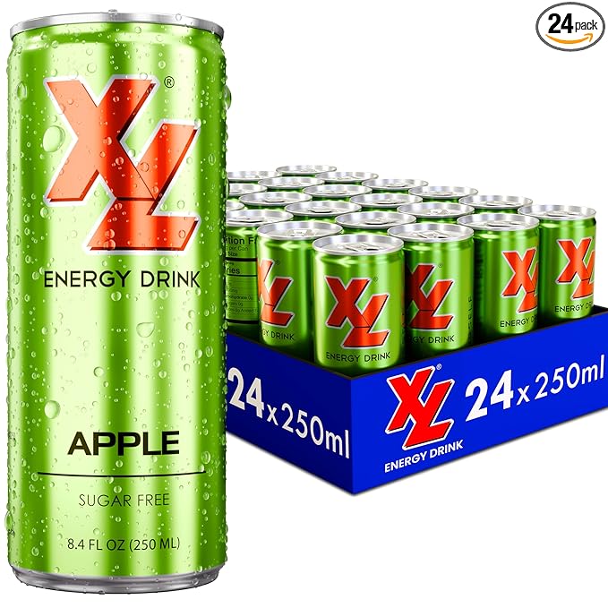 XL Energy Drinks Sugar Free 8.4 Oz 24 Pack - Low Calories Apple Flavor Sugar Free Energy Drinks 80mg Caffeine plus Taurine &amp B Vitamins - Improve Performance with Zero Sugar Drinks Carbonated Bev