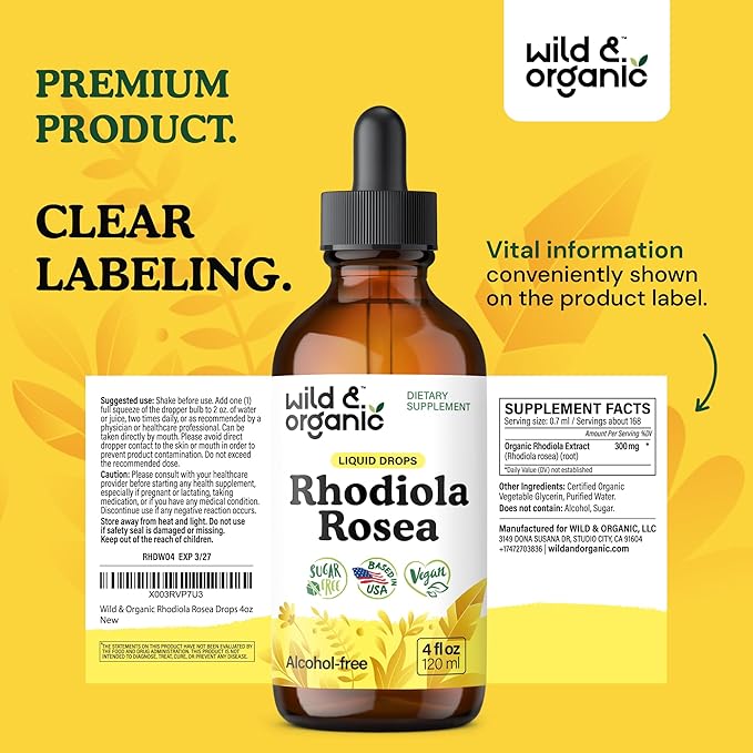 Wild &amp Organic Rhodiola Rosea Tincture - Rhodiola Rosea Supplement for Mood Support - Relaxing Root Extract Liquid Drops - Vegan Sugar &amp Alcohol-Free - 4 fl oz